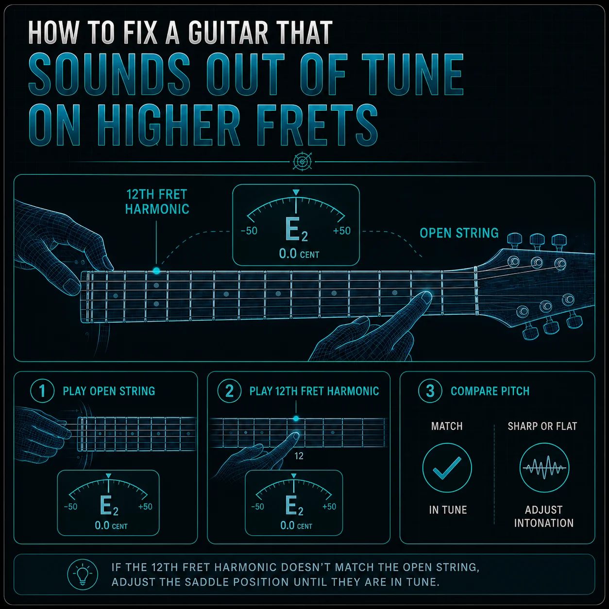Fretting a guitar at the 12th fret to check intonation