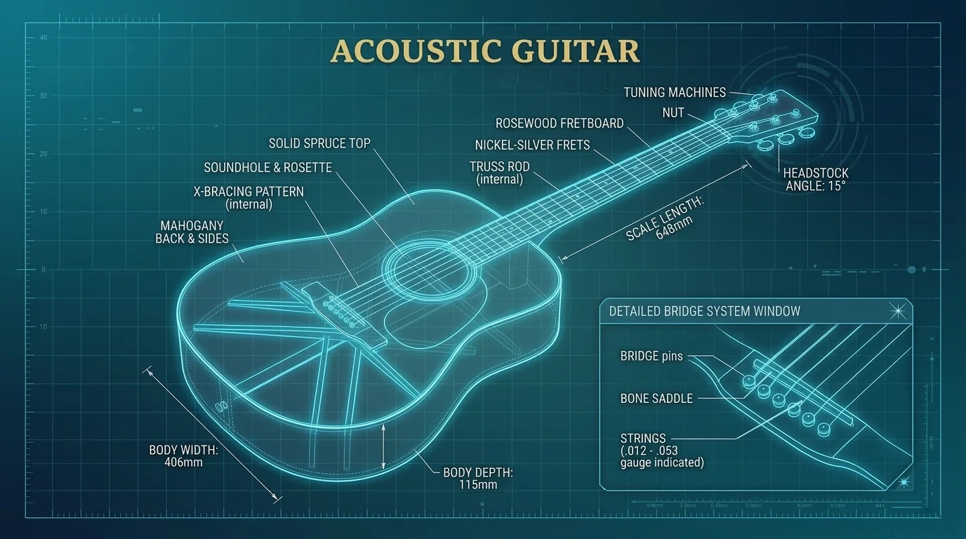 Diagram of an acoustic guitar with labeled parts for intonation setup