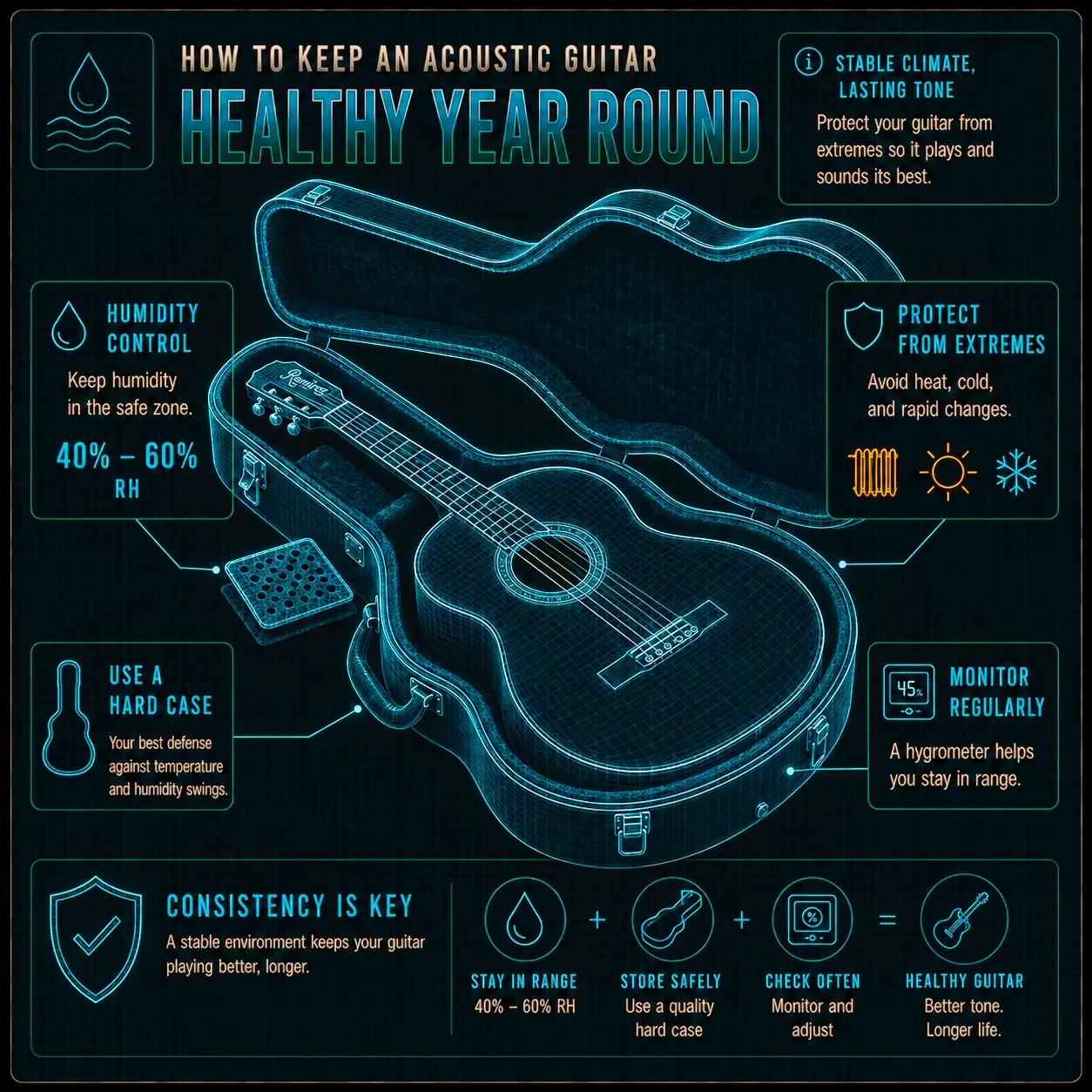 An acoustic guitar stored safely in its hard case for stable humidity control