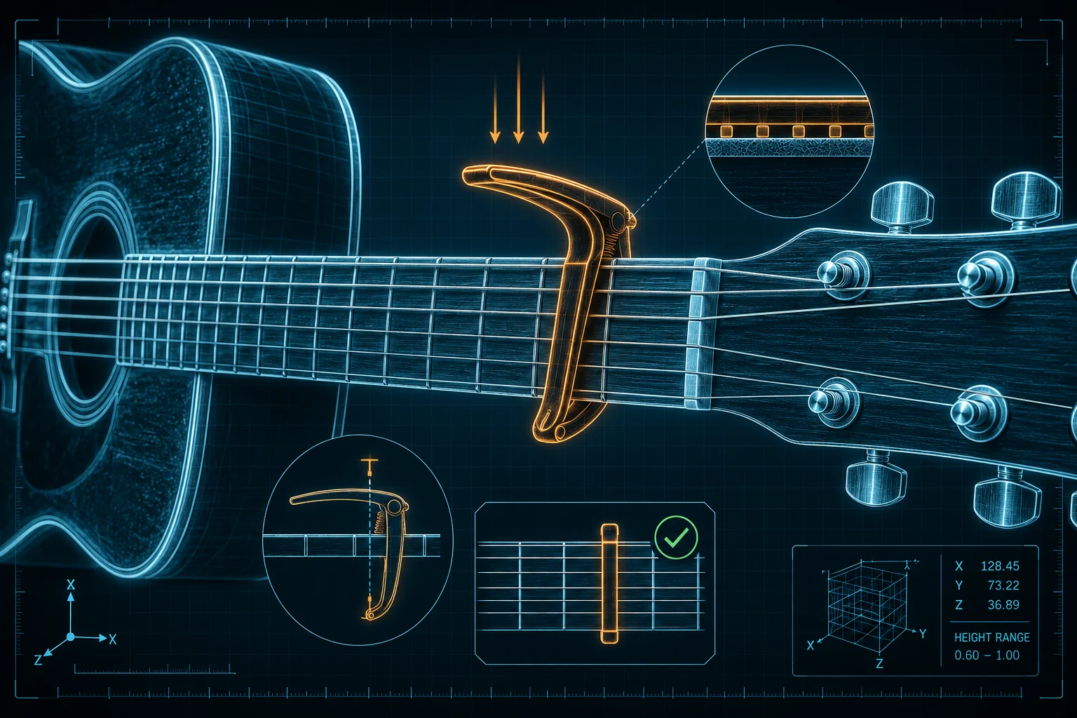 Guitar capo placed on fretboard close to the fret wire