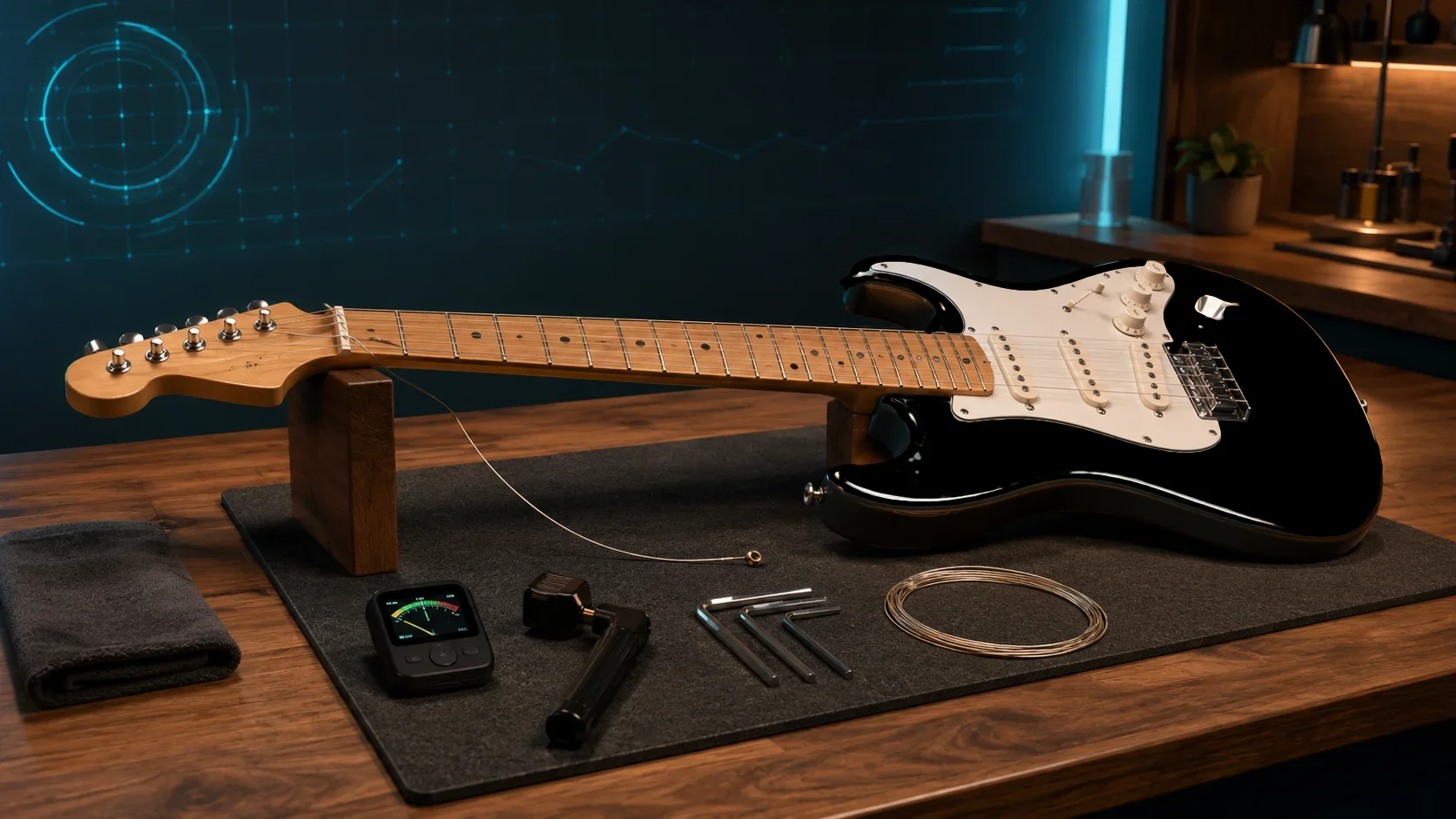 Guitar on a workbench mid string change — bridge, nut, and tuning posts visible, suggesting a careful methodical process