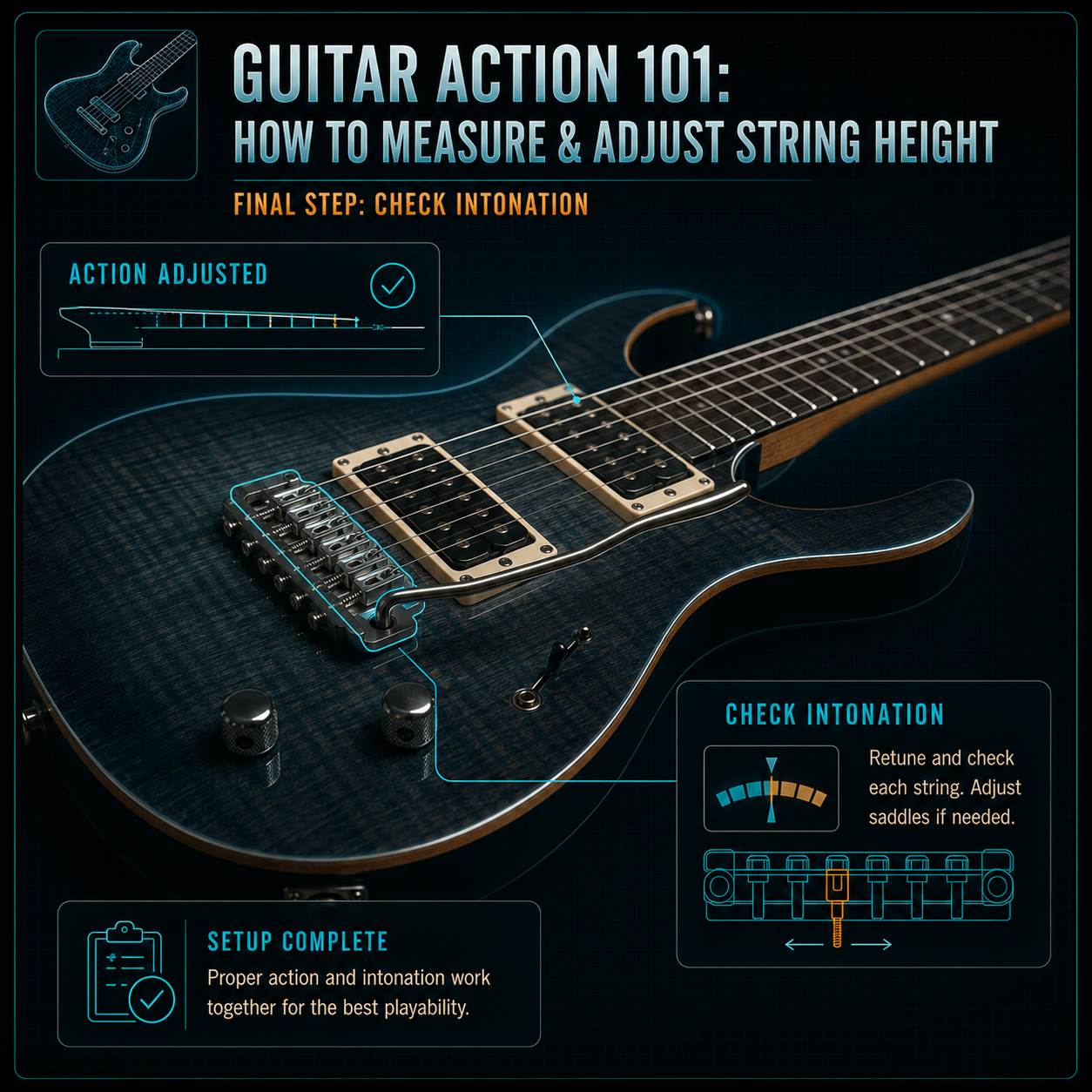 a guitar with a suggestion to check the bridge intonation as a final step