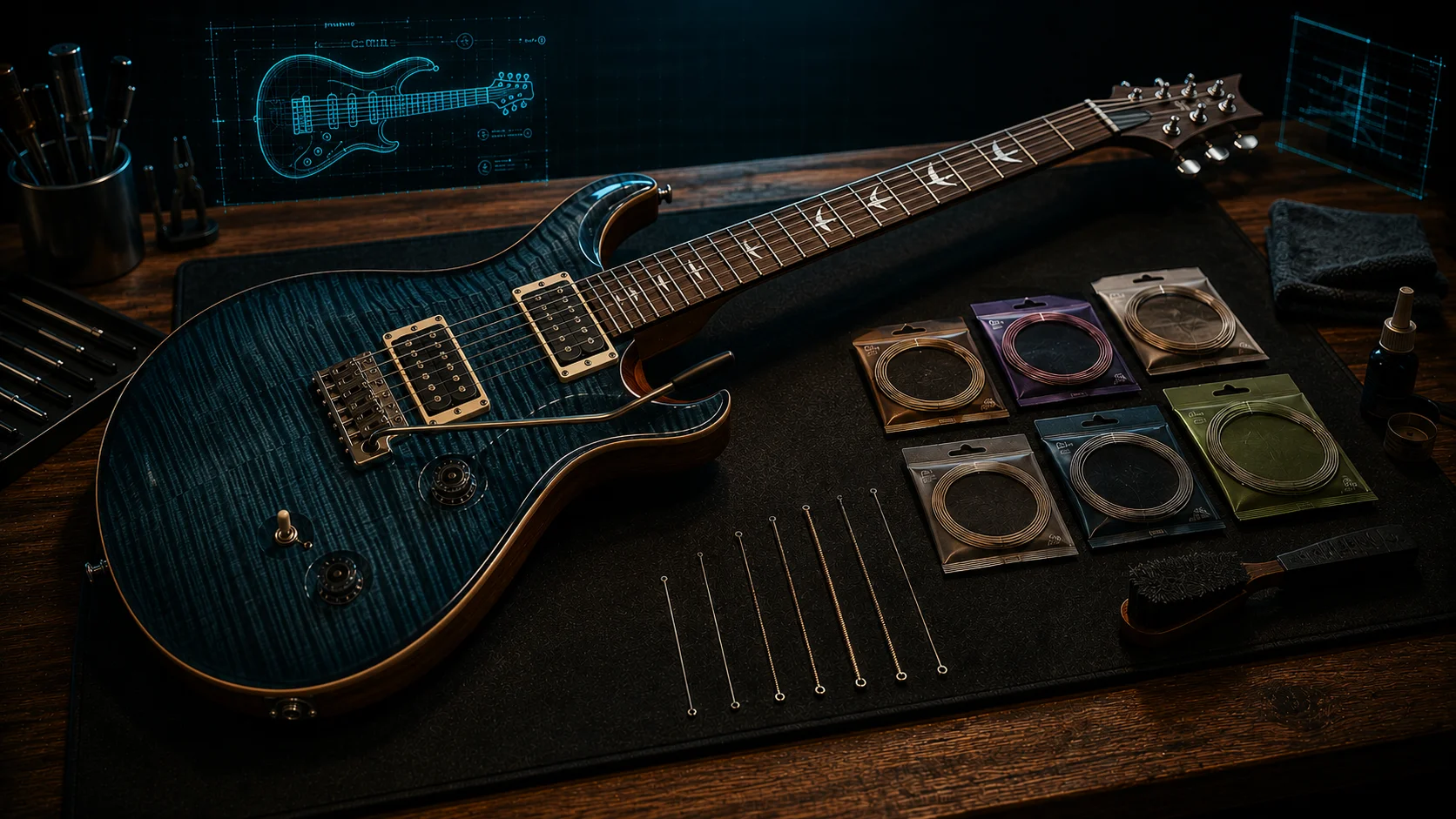 Side-by-side comparison of different guitar string gauges — lighter and heavier sets showing the visual difference in thickness