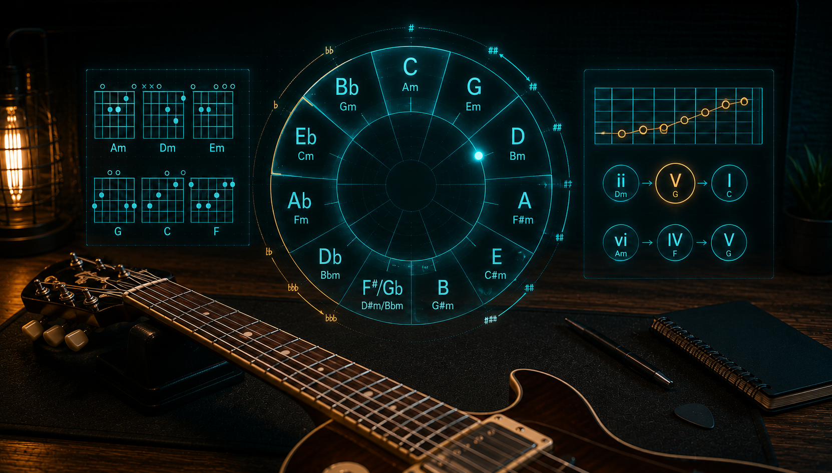Circle of fifths wheel showing major keys on the outer ring and their relative minor keys inside