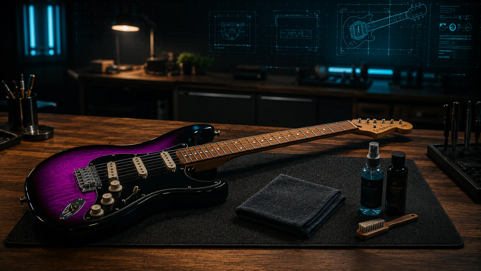 Guitar body being wiped down with a microfibre cloth — gentle cleaning after a playing session