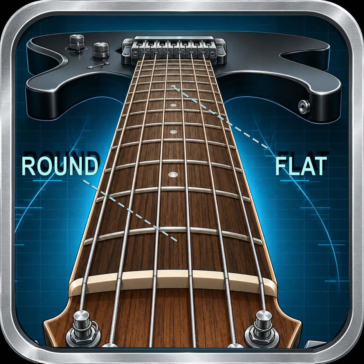 Compound radius fretboard showing rounder curve at nut end and flatter curve at body end