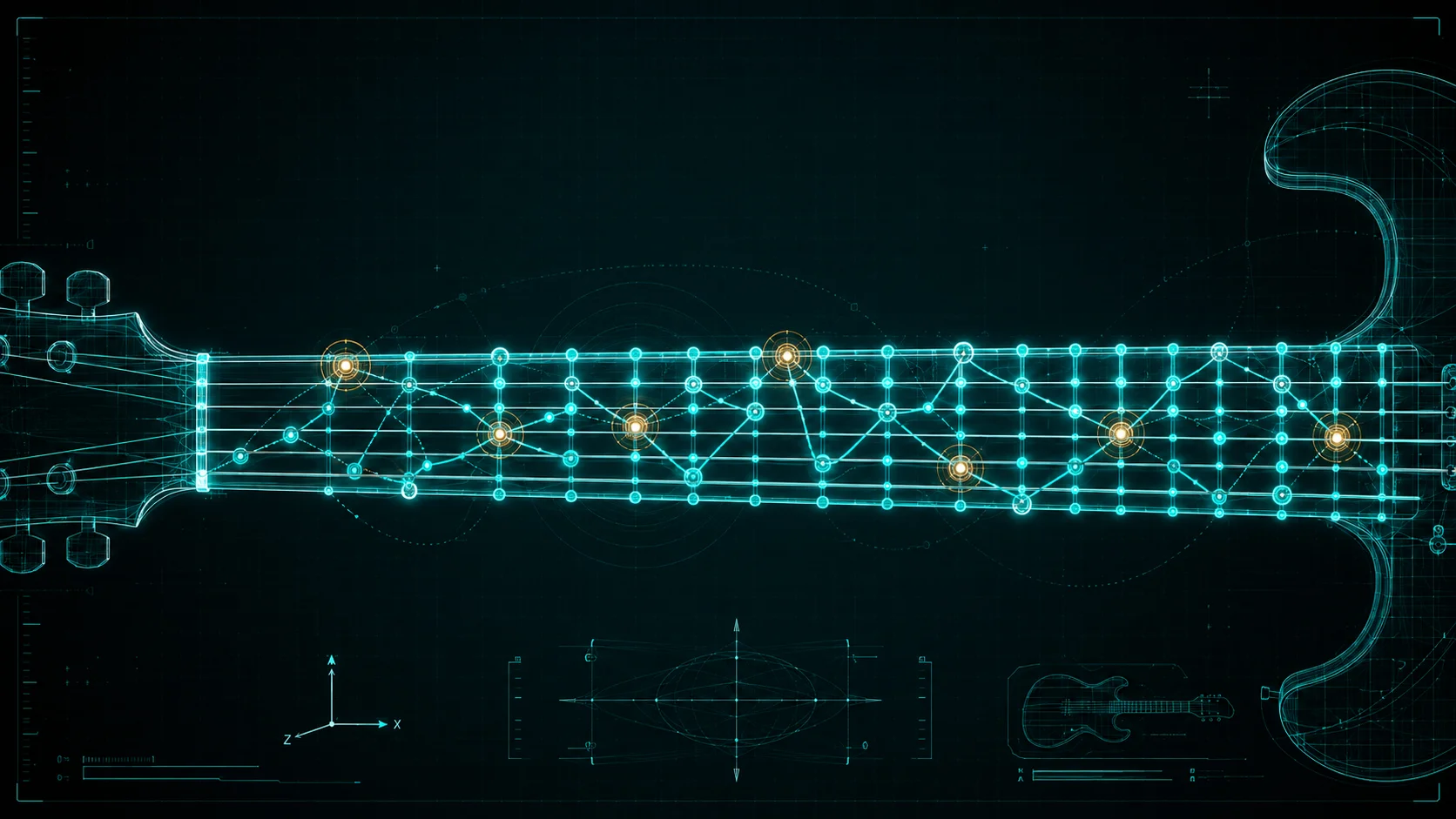 Guitar fretboard with scale notes highlighted showing interval relationships across the neck