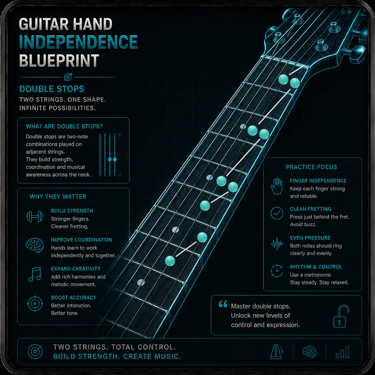 Close-up of a fretting hand playing a double stop — two fingers on adjacent strings, clean arch, both notes ringing without touching neighbouring strings