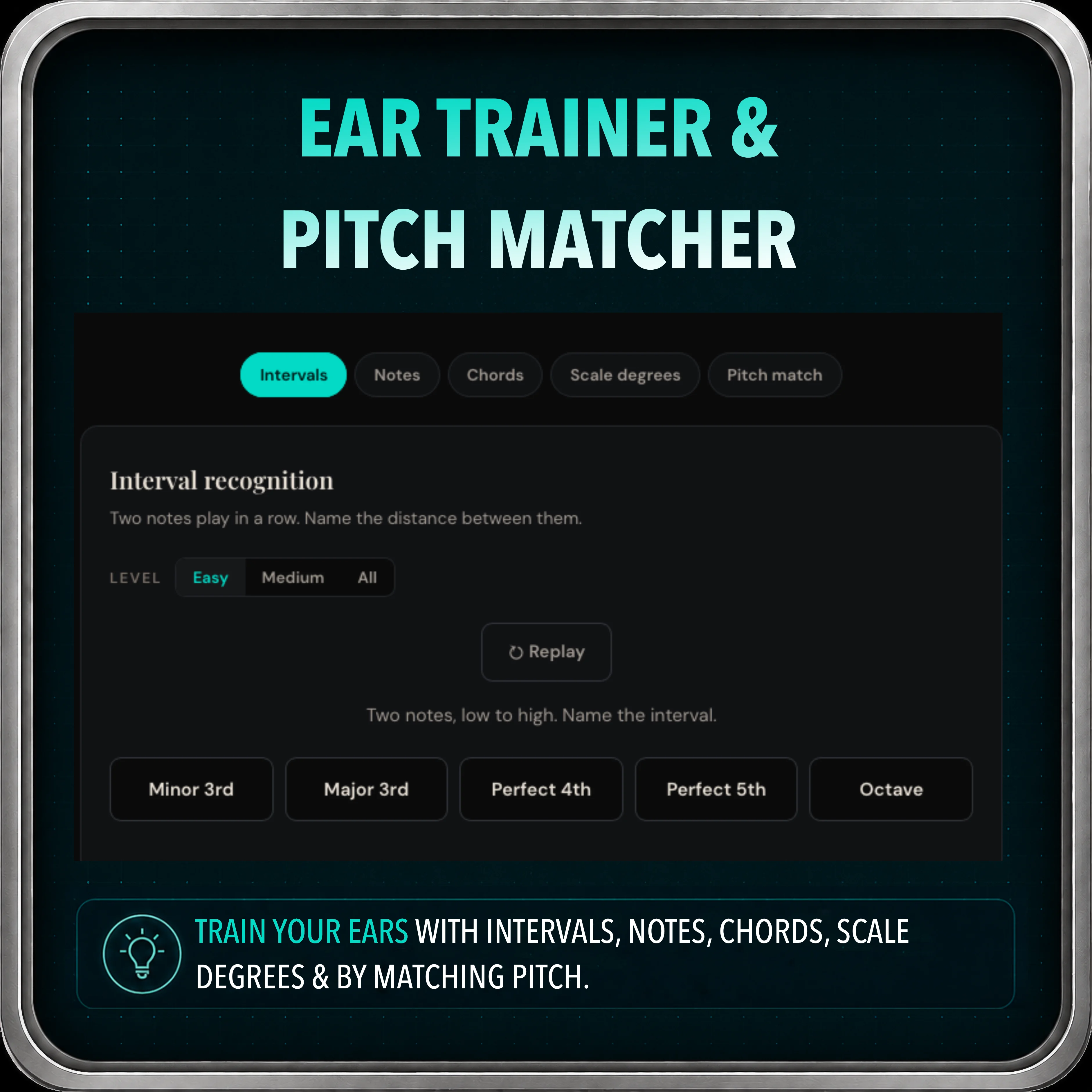 Screenshot of the Pocket Roady Guitar Ear Trainer tool showing interval and pitch matching modes