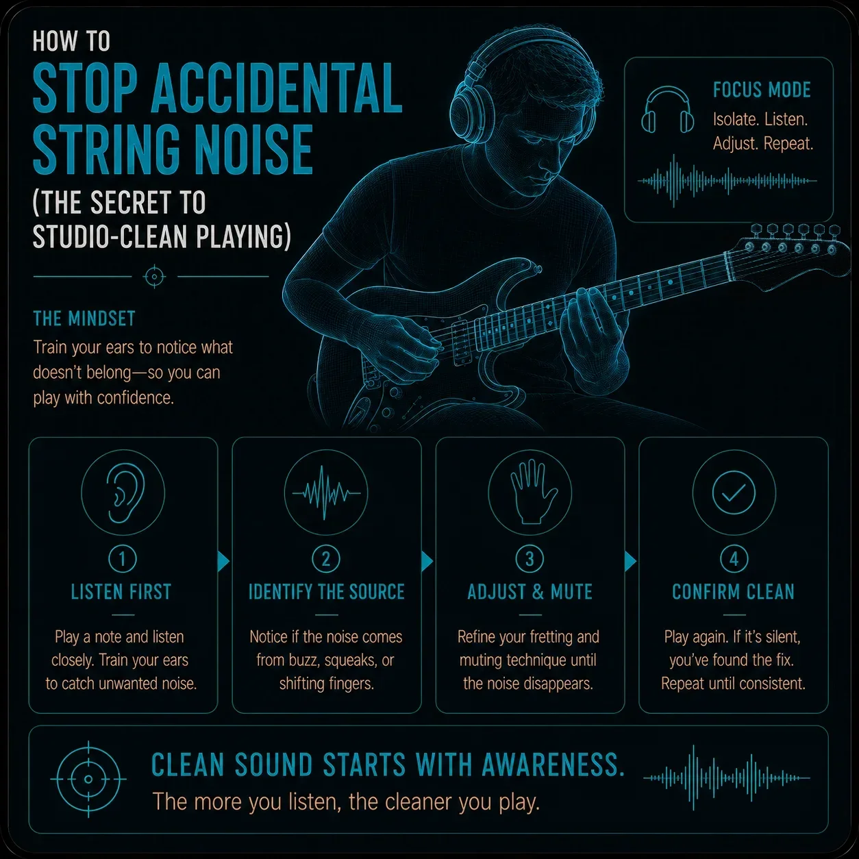 A guitarist in a focused listening pose, guitar in hand, as if actively listening for unwanted noise in their playing rather than simply performing