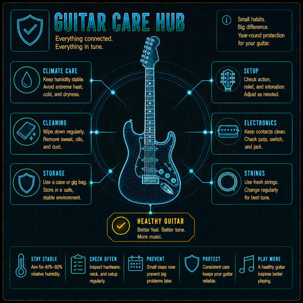 The Guitar Care Hub connecting hardware care, setup checks, and instrument health