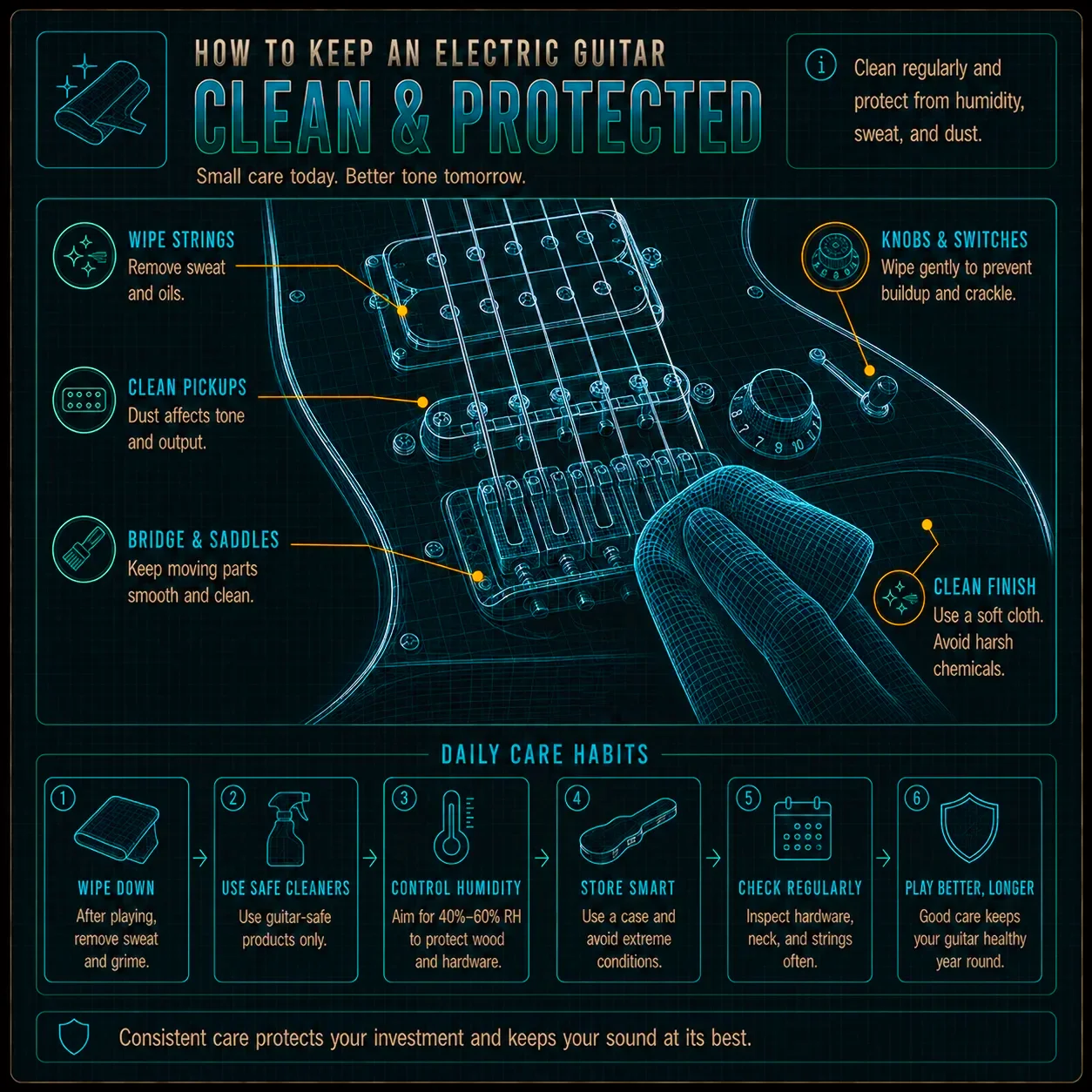 Electric guitar bridge and hardware being wiped clean of sweat and dust