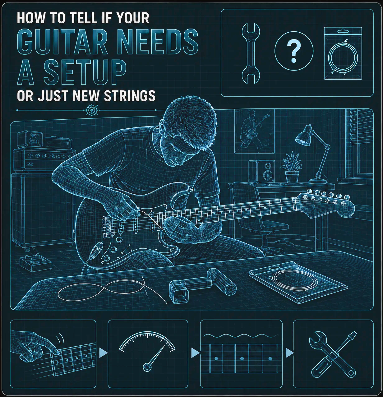Close-up of fresh electric guitar strings being installed — the first step before any setup work when a guitar feels off