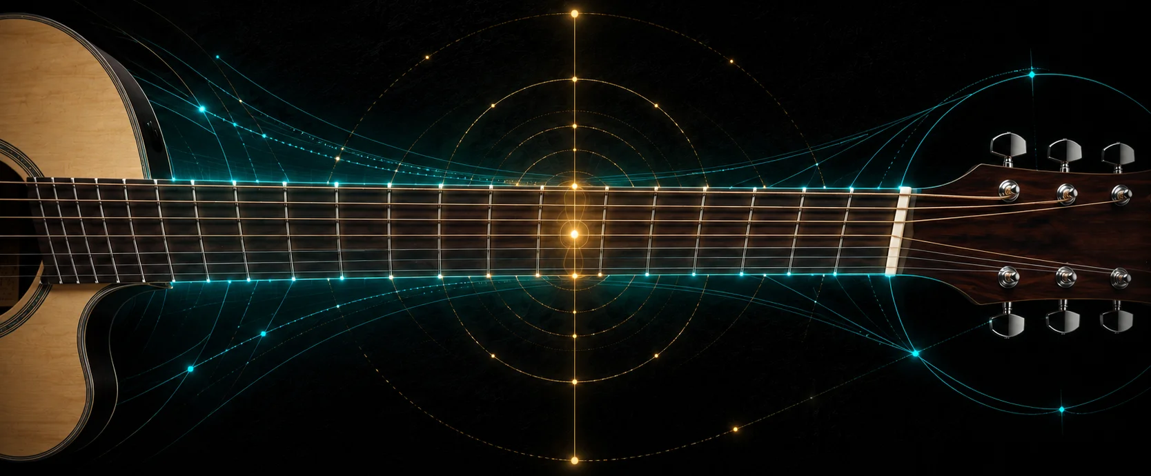 Fan-fret multiscale guitar fretboard showing angled frets