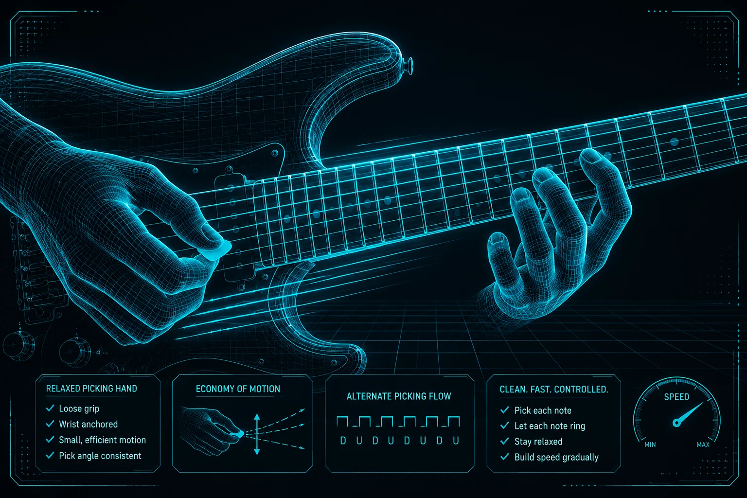 A guitarist's picking hand moving across the strings at speed — hand visibly relaxed, motion compact and close to the strings, forearm calm
