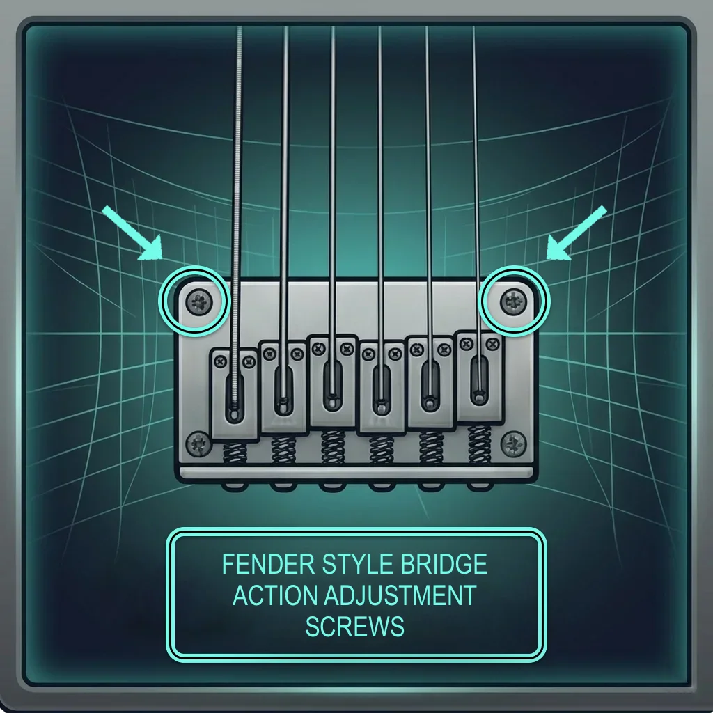 Fender-style guitar bridge showing individual saddle height screws