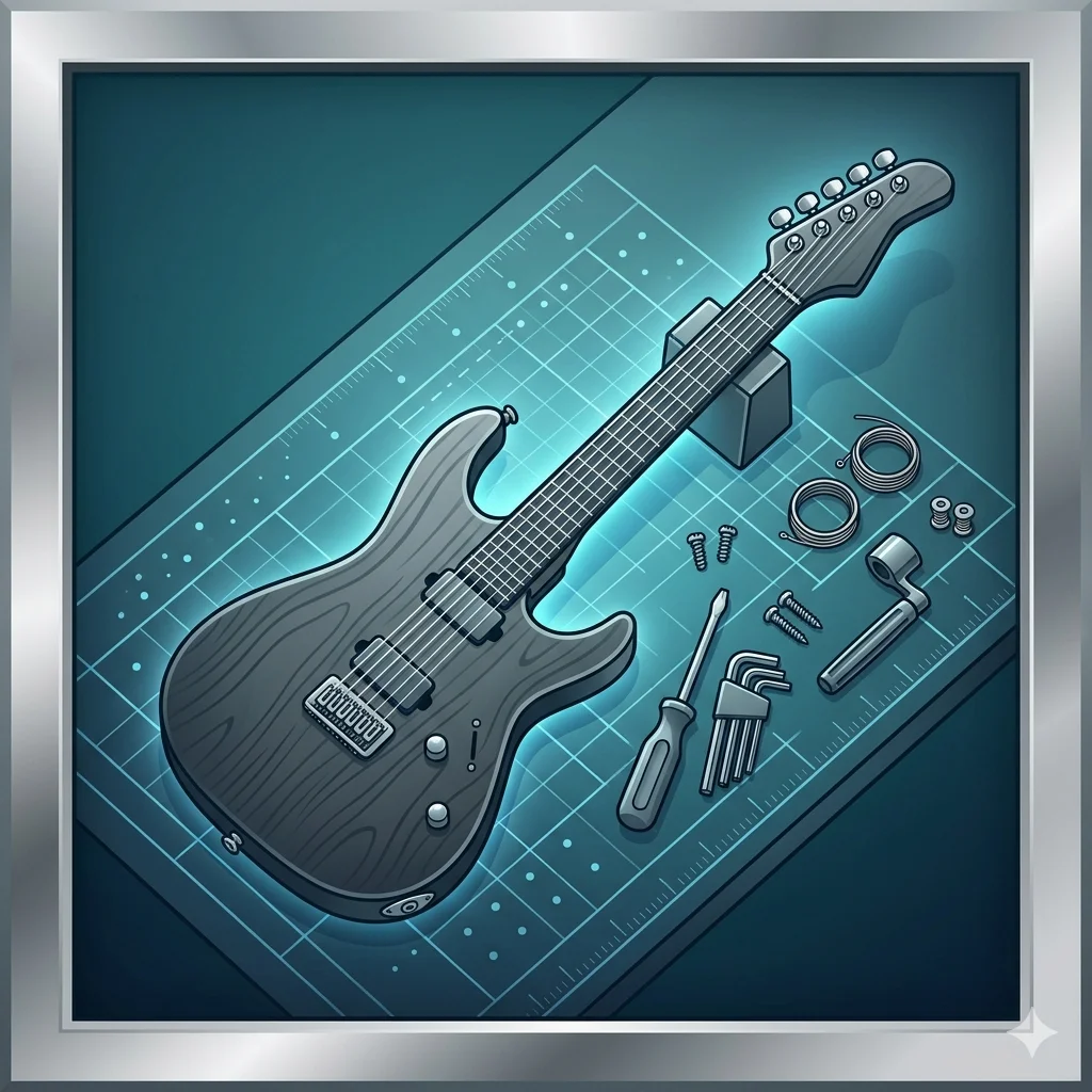 Electric guitar on a workbench after a completed setup, ready to play.