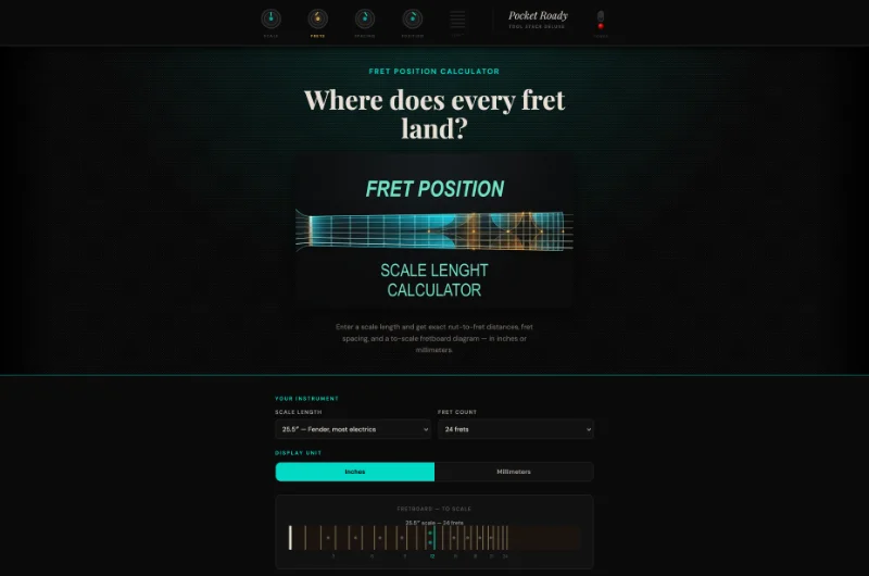 Pocket Roady Fret Position Calculator — fret table and to-scale fretboard diagram