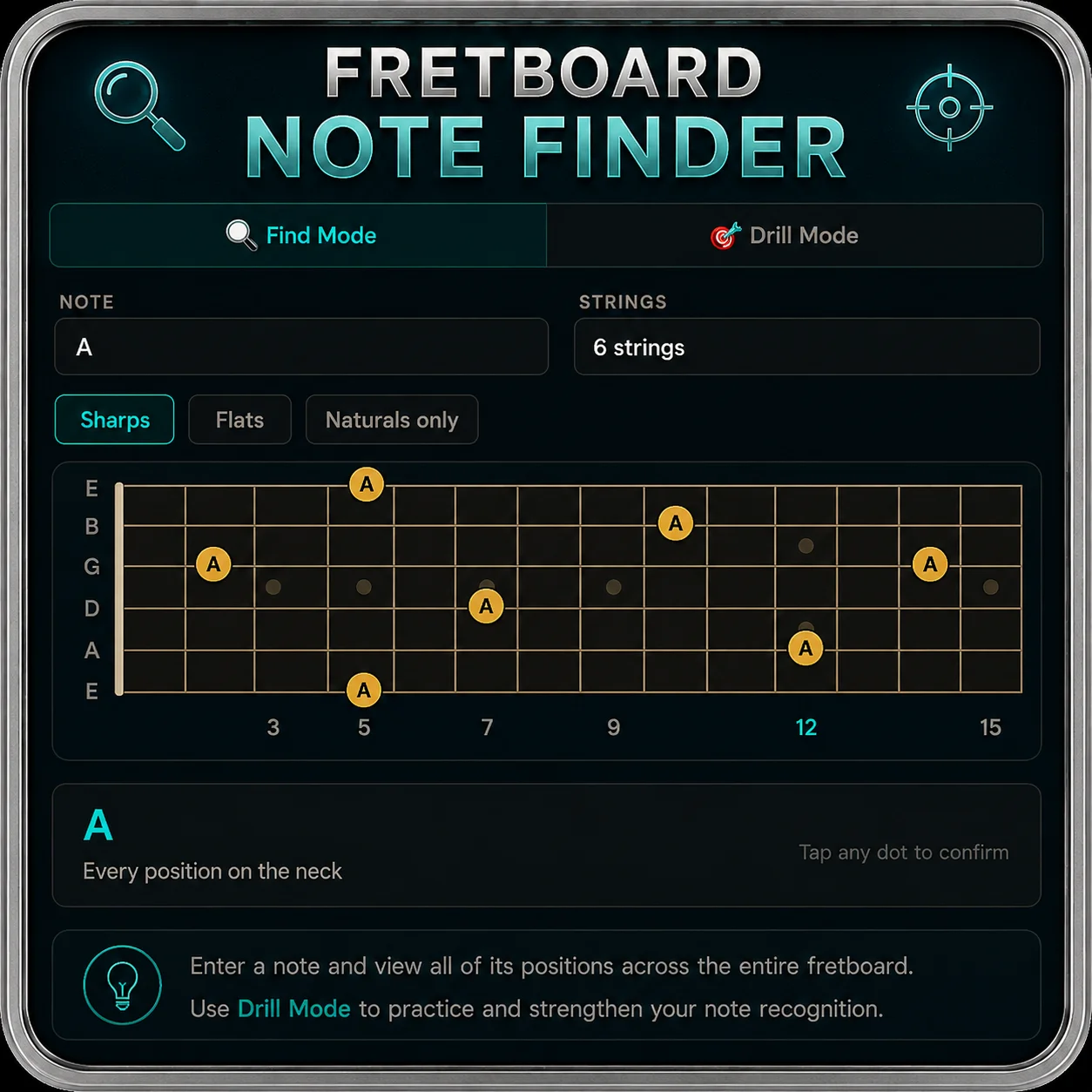 Screenshot of the Pocket Roady Fretboard Note Finder tool showing highlighted note positions