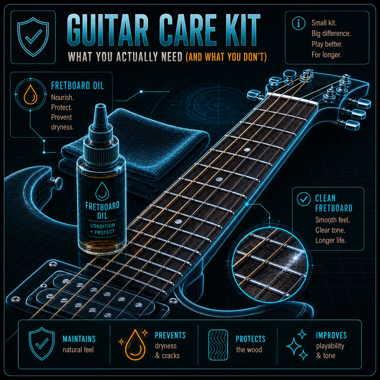 A small bottle of fretboard oil next to a freshly conditioned, clean fretboard