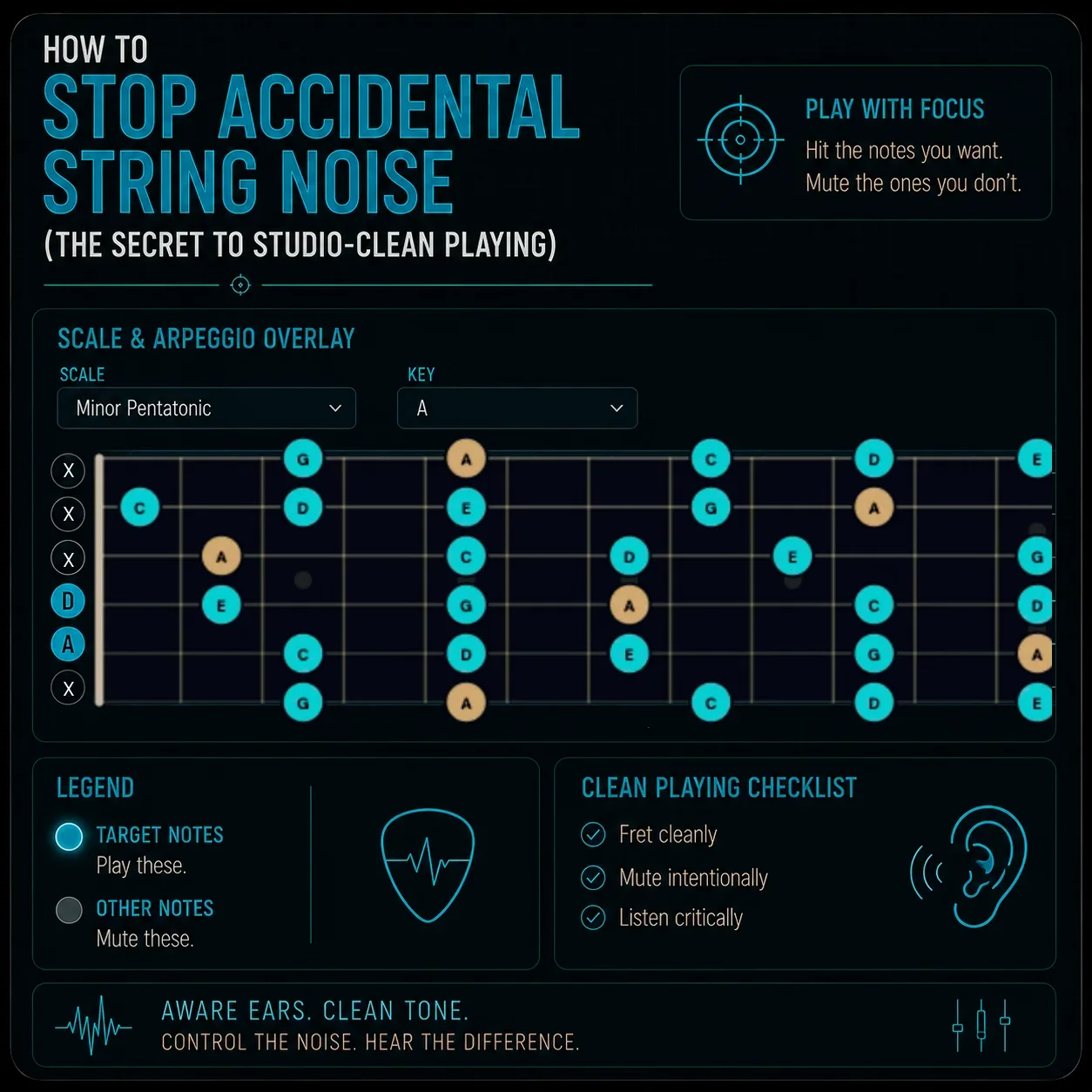 Scale and Arpeggio Overlay showing a scale pattern on the fretboard — active notes highlighted in teal, surrounding strings visually quieter, suggesting target notes versus muted zones