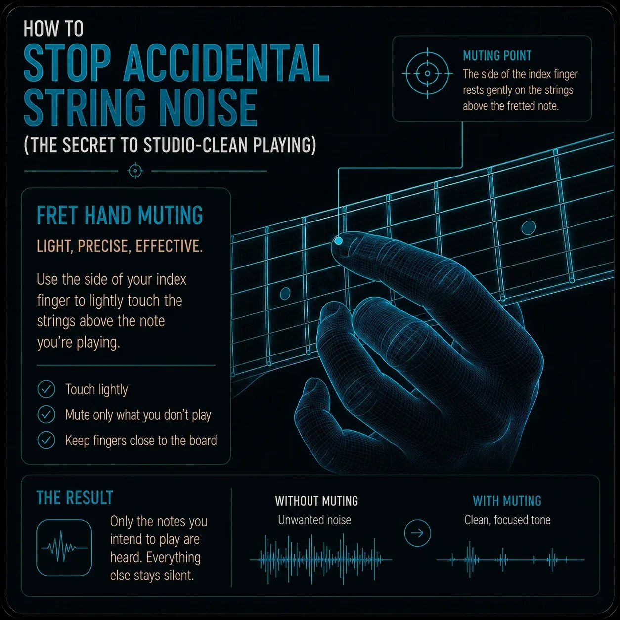 Close-up of a fretting hand in a lead playing position — the side of the index finger lightly touching the strings above the fretted note, fingers hovering close to the board, the muting contact subtle but visible