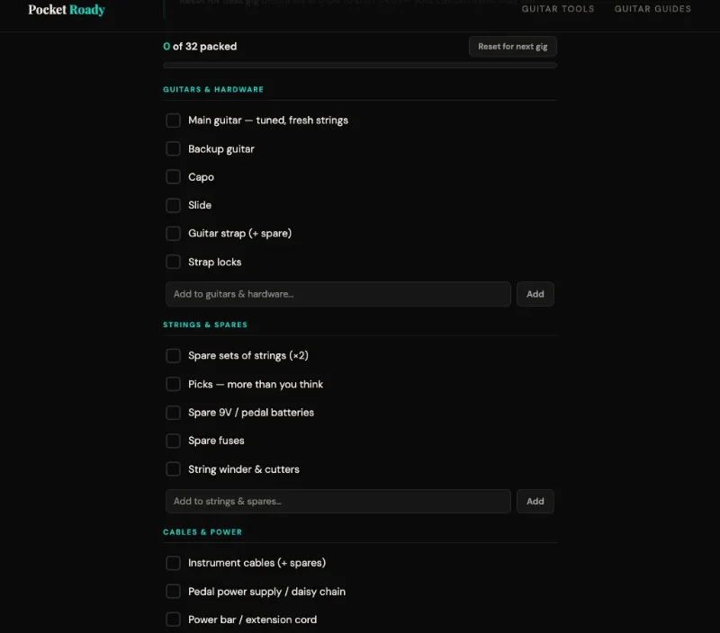 Pocket Roady Gig Prep Checklist — reusable gig packing checklist with progress