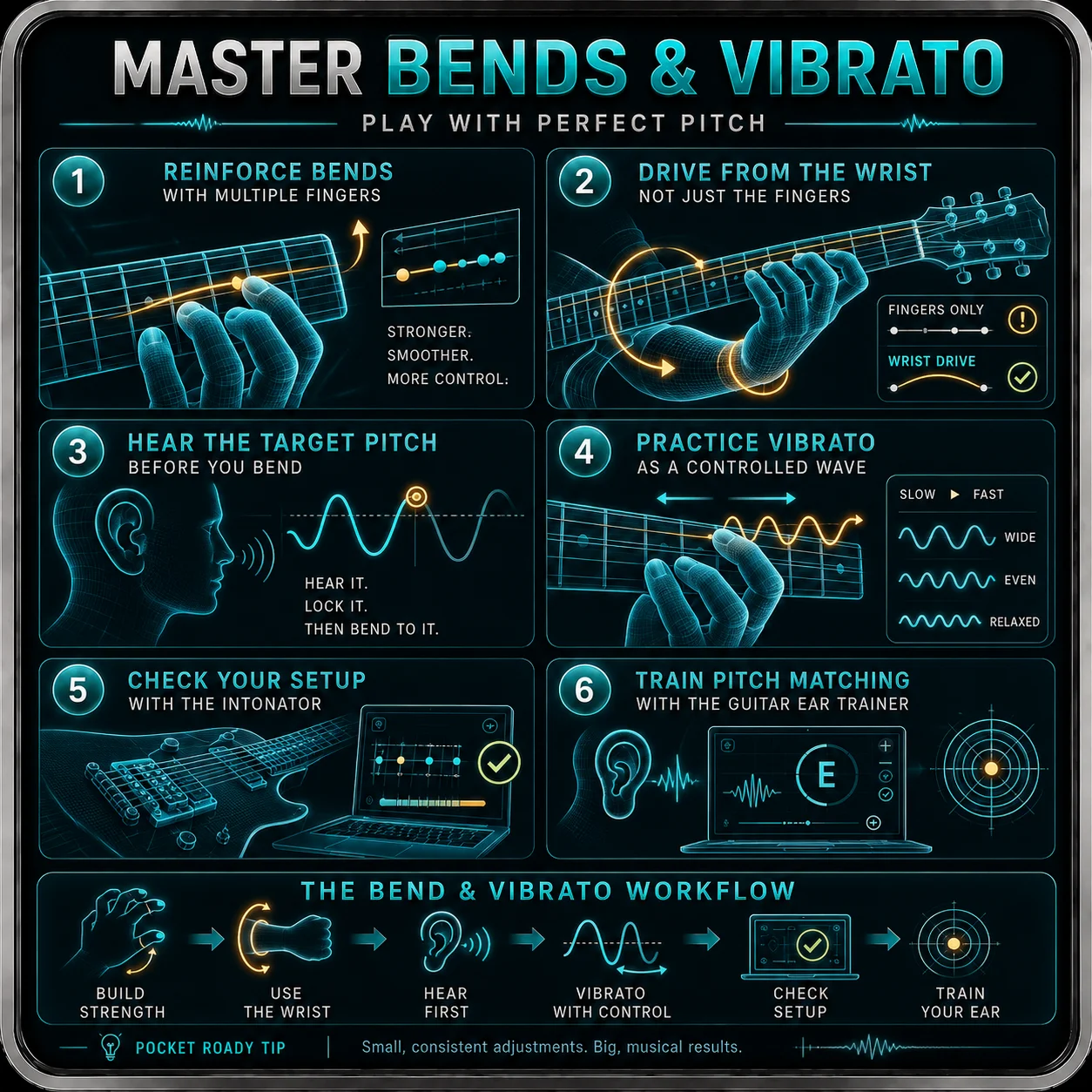 Clean graphic showing the bend-and-vibrato practice sequence — multiple fingers on the string, a wrist rotation suggestion, a metronome nearby, calm and methodical