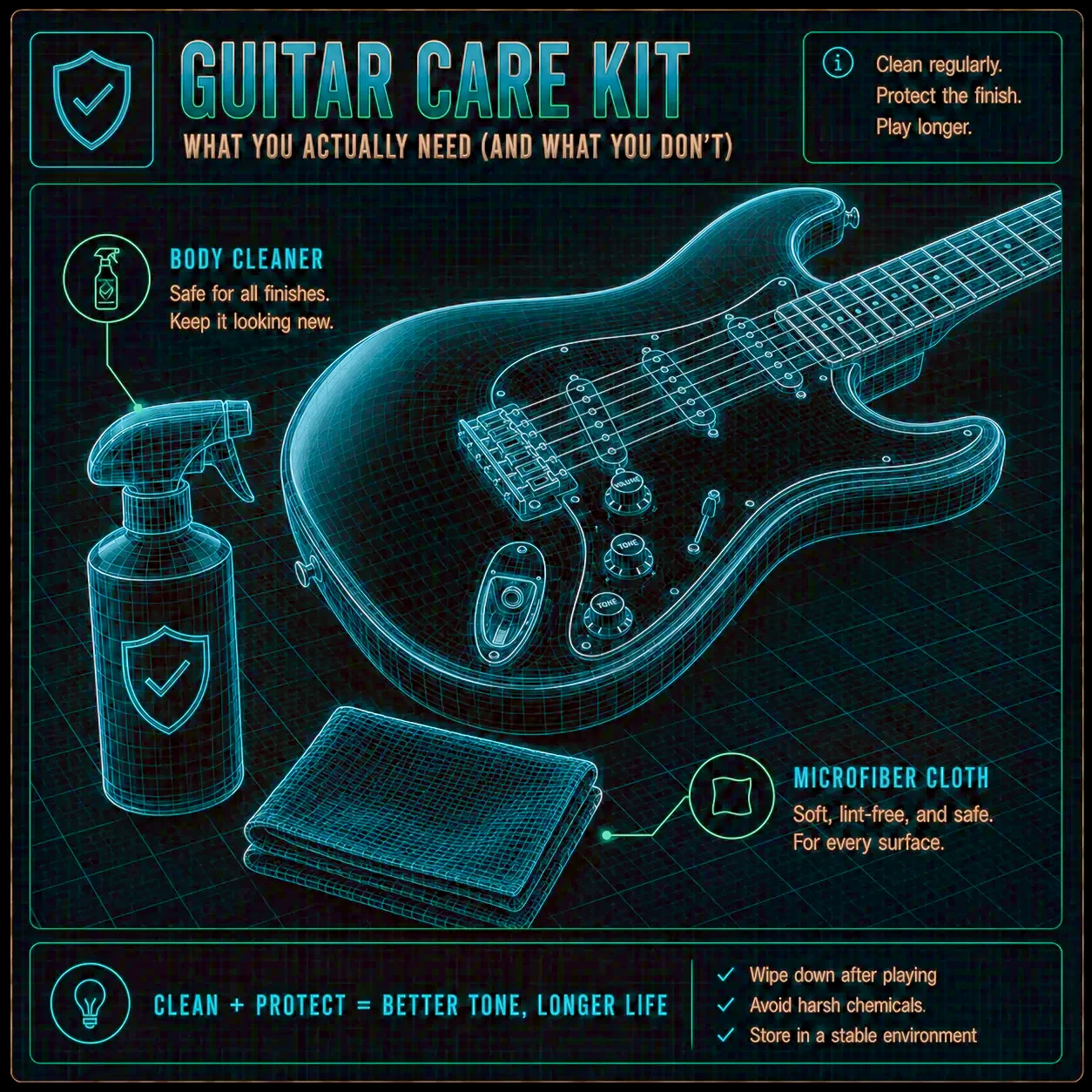 Guitar-safe body cleaner beside a folded microfiber cloth, ready for a gentle wipe-down