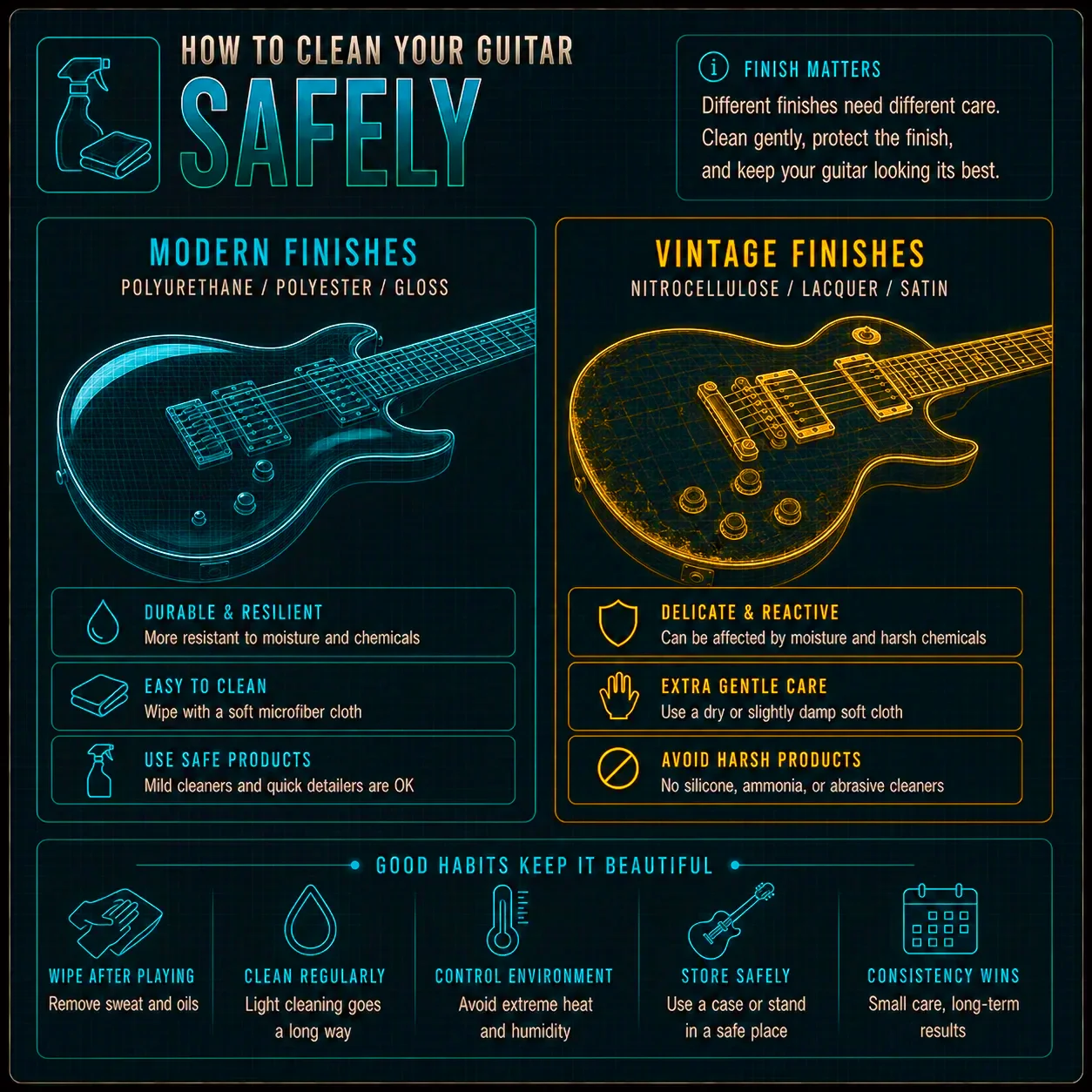 A comparison of glossy polyurethane and delicate nitrocellulose guitar finishes