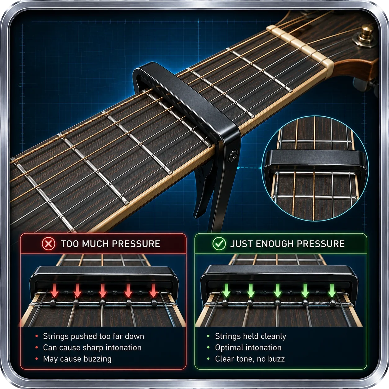 Diagram showing how capo pressure affects string pitch