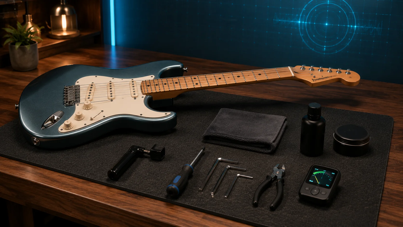 Essential guitar care kit laid out — polish cloth, string winder, fretboard conditioner, and a few basic tools
