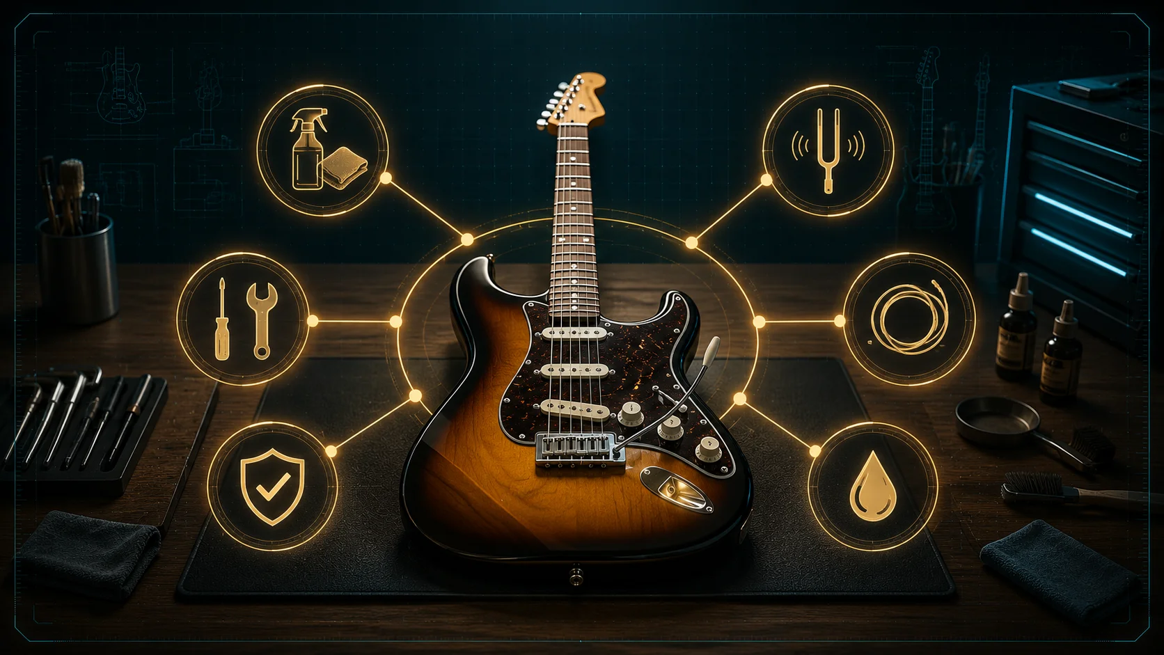 A clean, well-maintained guitar on a workbench — polished body, fresh strings, and a care kit nearby suggesting regular maintenance rather than emergency repair
