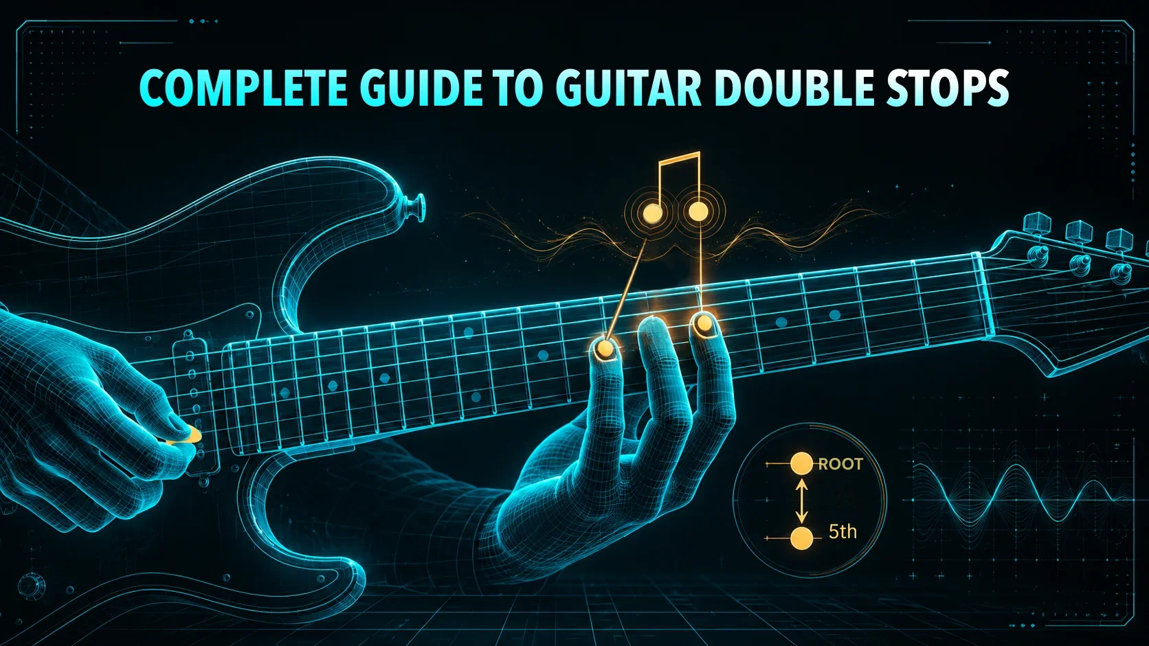 A guitarist playing a two-note lead phrase — both notes on adjacent strings, fretting hand arched cleanly, surrounding strings quiet, the impression of a focused expressive phrase