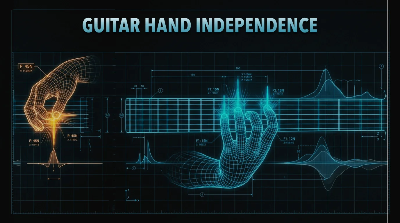 Two hands on a guitar neck demonstrating hand independence — fretting hand arched cleanly, picking hand relaxed above the strings