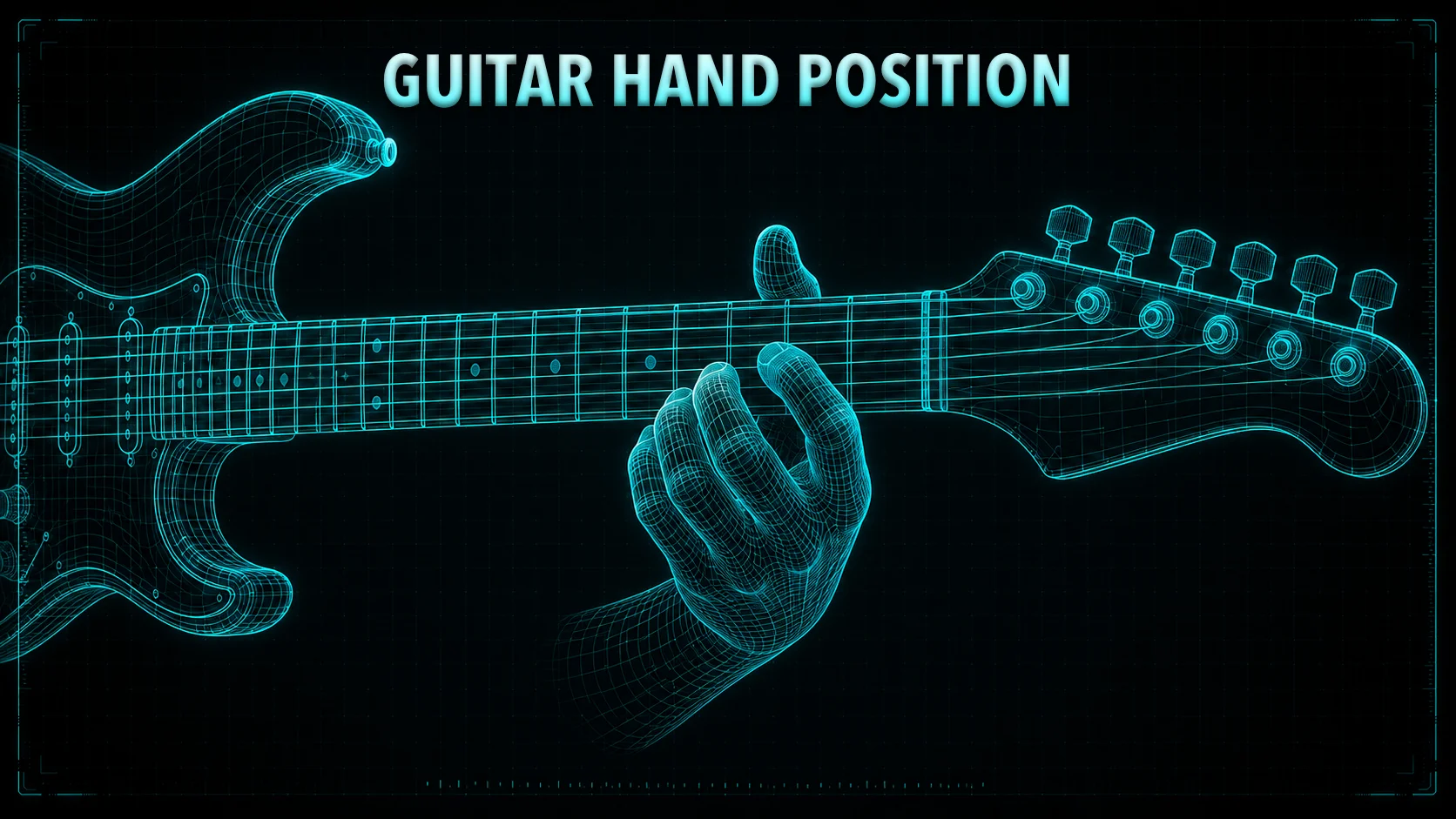 A guitarist's fretting hand on the neck in correct position — thumb behind the neck pointing upward, fingers arched cleanly over the strings