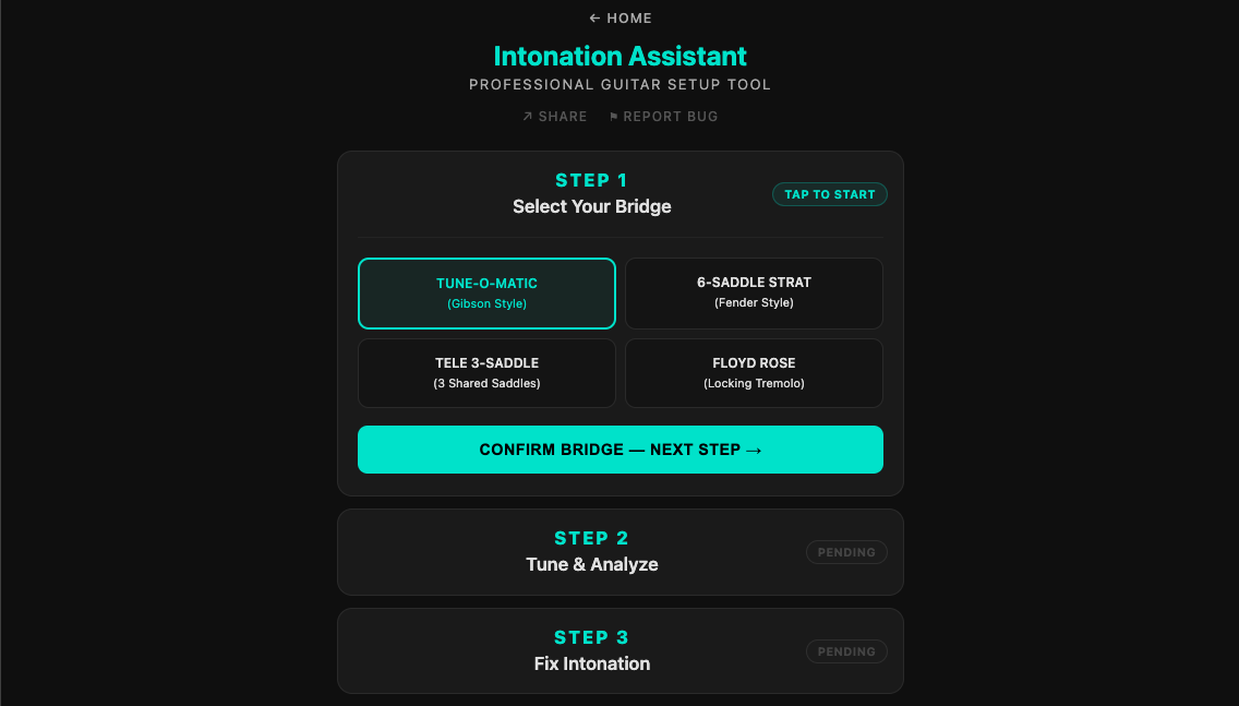 Pocket Roady Intonation Assistant — Step 1 bridge selection screen