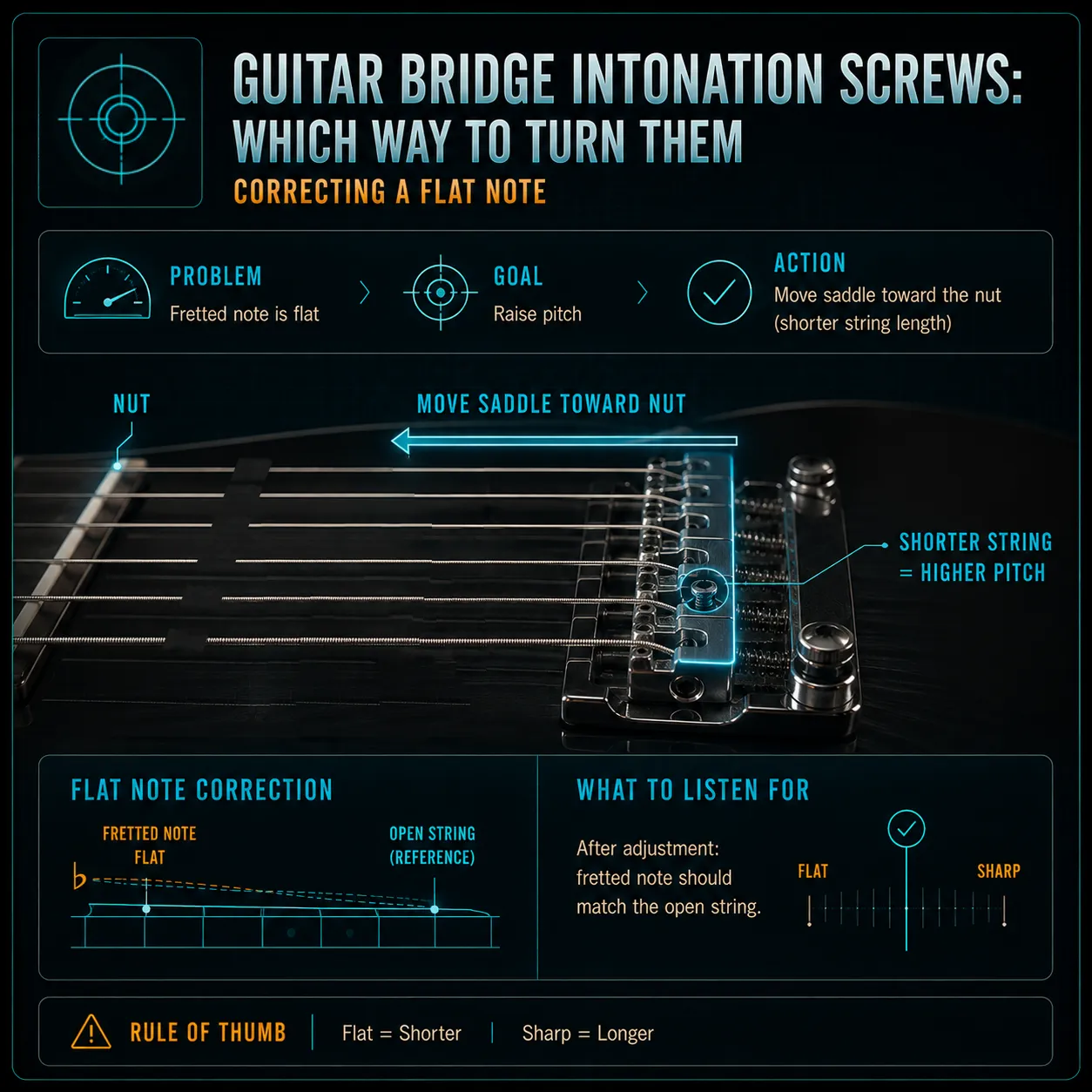 Visual showing flat note correction and saddle movement toward the nut