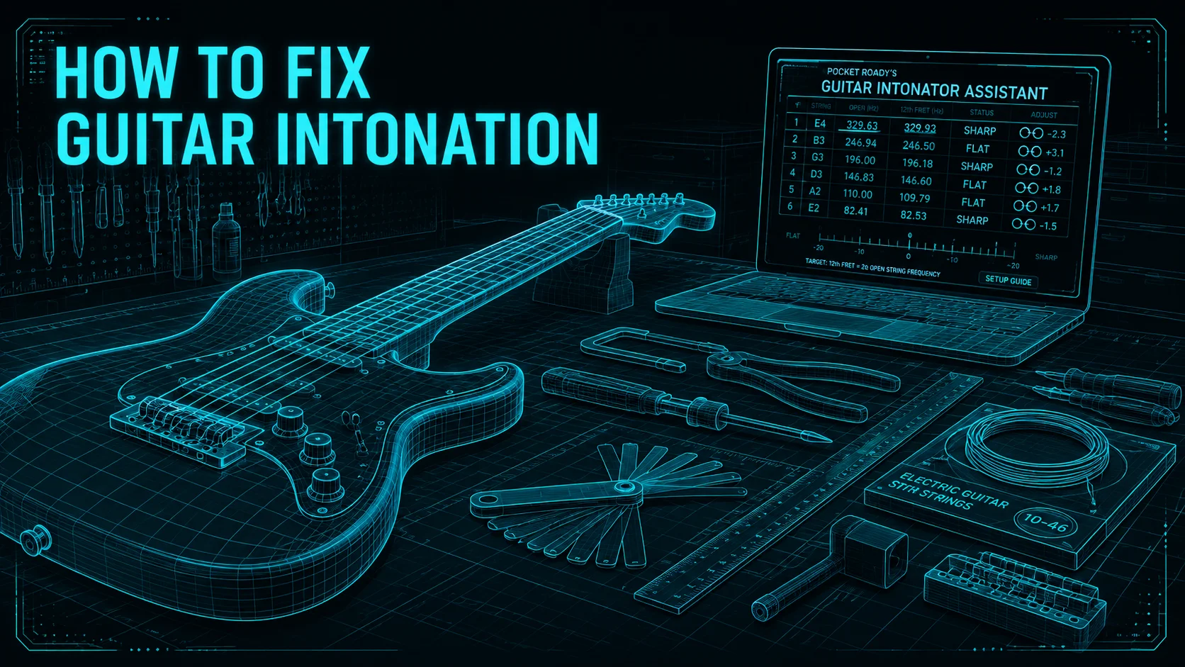Guitar fretboard showing where intonation problems appear — open strings in tune but notes going sharp or flat higher up the neck