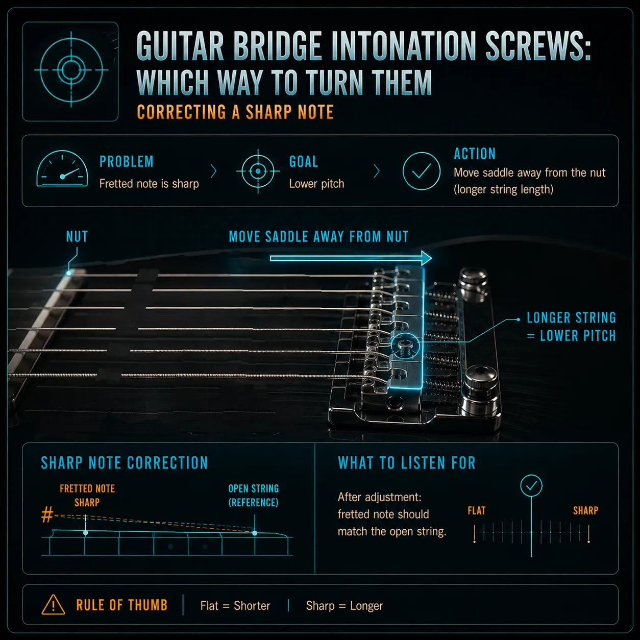 Visual showing sharp note correction and saddle movement away from the nut