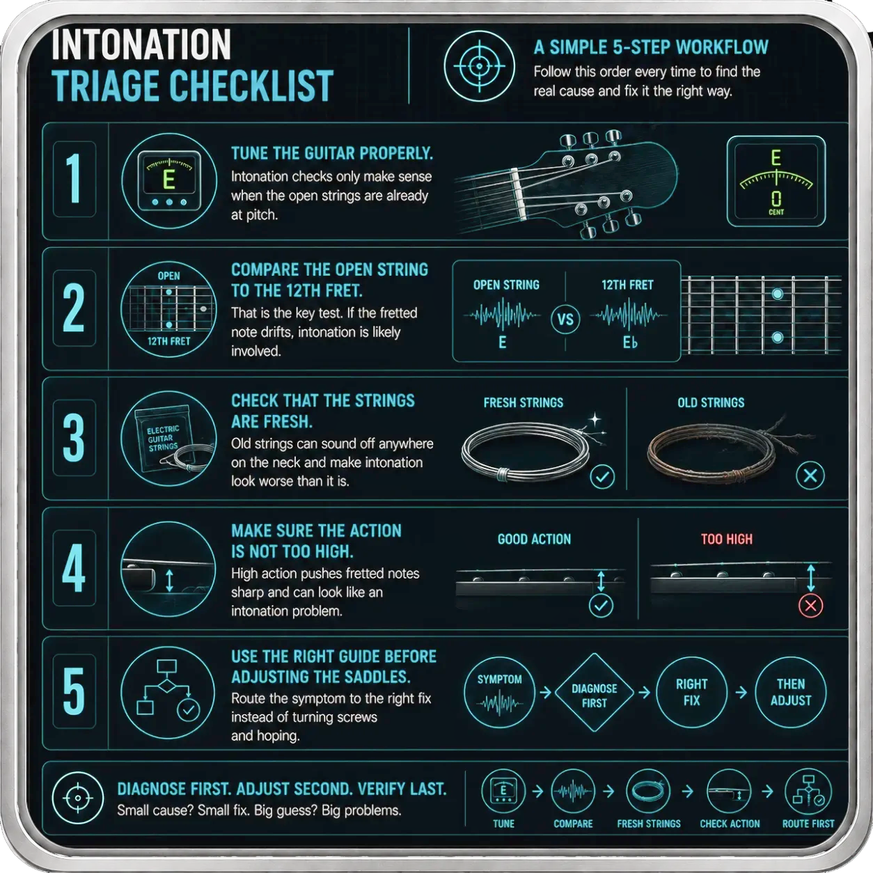 Intonation triage workflow — the correct order of checks before adjusting saddle position, from strings to setup to intonation