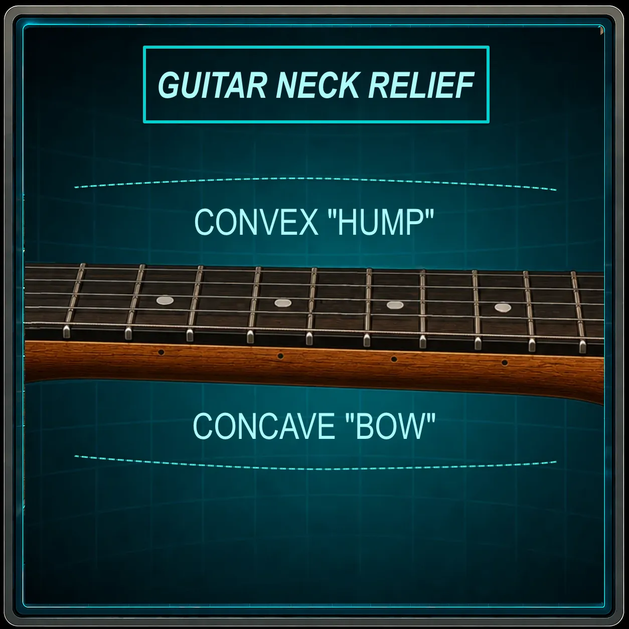 Side view of a guitar neck showing back-bow and correct relief curve