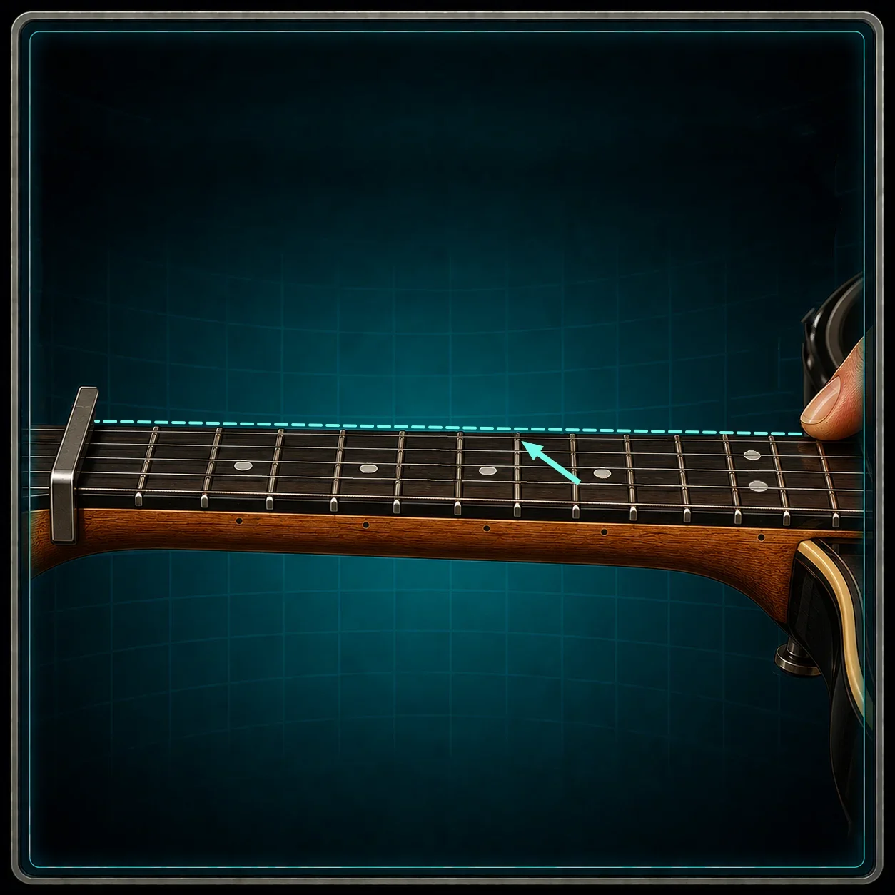 Close-up of guitar neck showing the slight forward curve of neck relief with string-to-fret gap visible.
