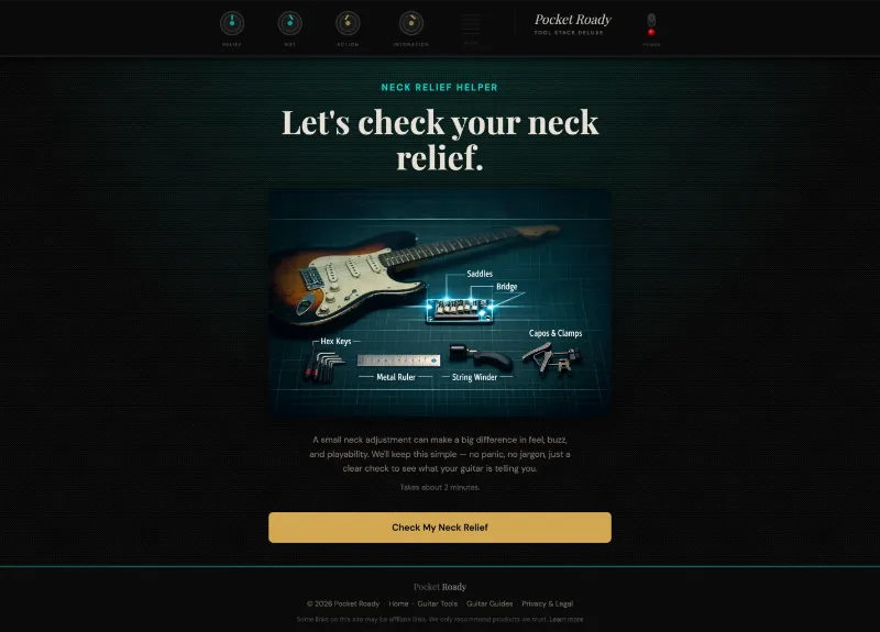 Pocket Roady Neck Relief Helper — entry screen showing neck relief check tool
