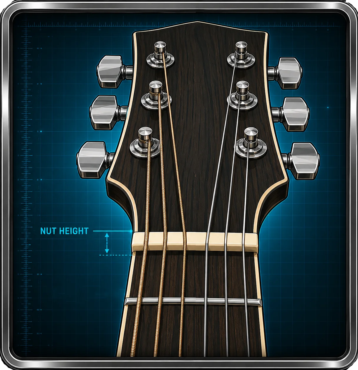 Close-up of a guitar nut showing string height above the first fret