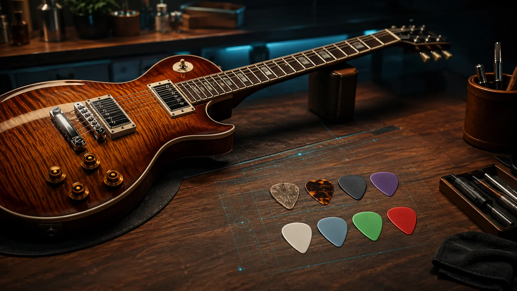 Assortment of guitar picks in different thicknesses and materials laid out on a surface — showing the variety of tonal options