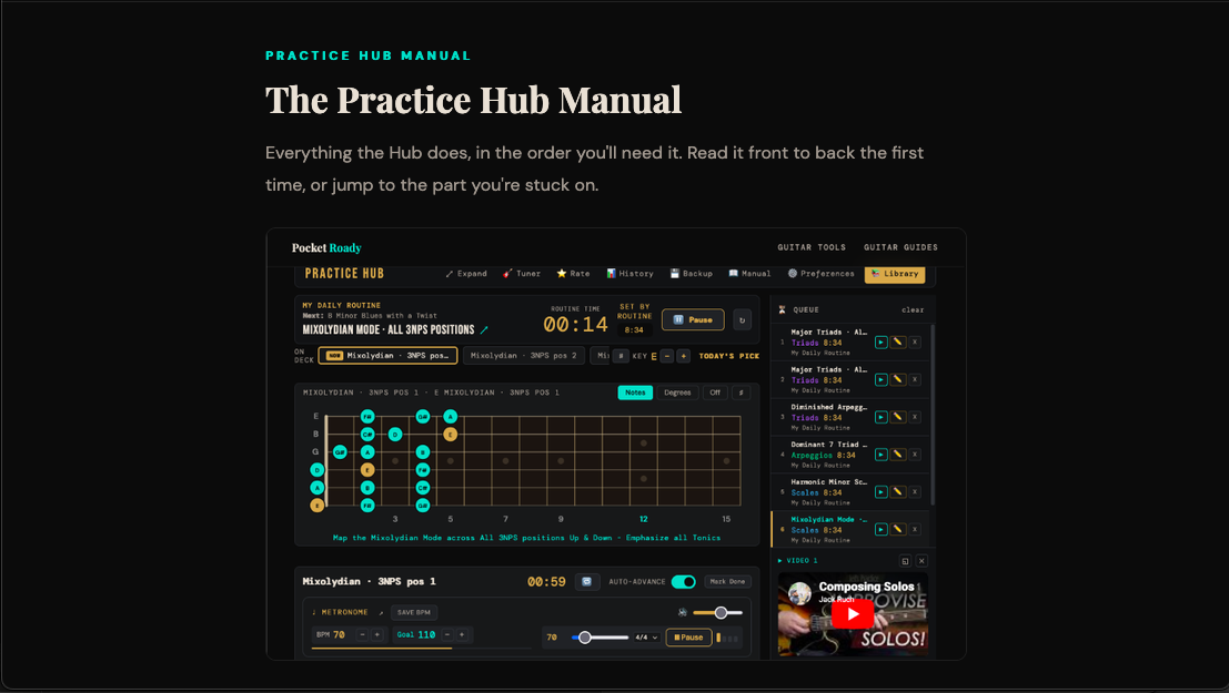 Pocket Roady Guitar Practice Hub - User Manual — the full written walkthrough of the Practice Hub