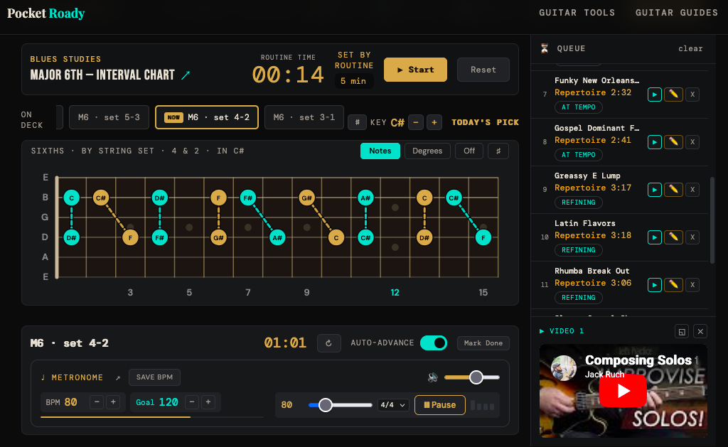 Pocket Roady Guitar Practice Hub — session queue with metronome, ear trainer, and interval drills