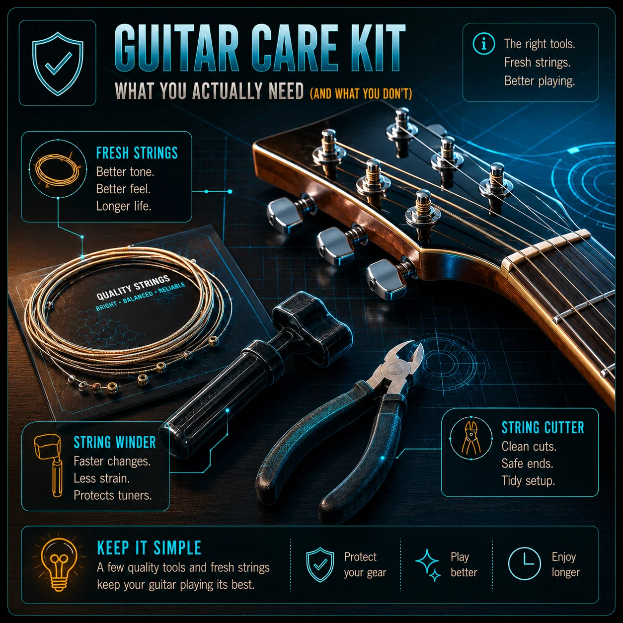 A combination string winder and cutter resting beside a fresh set of guitar strings