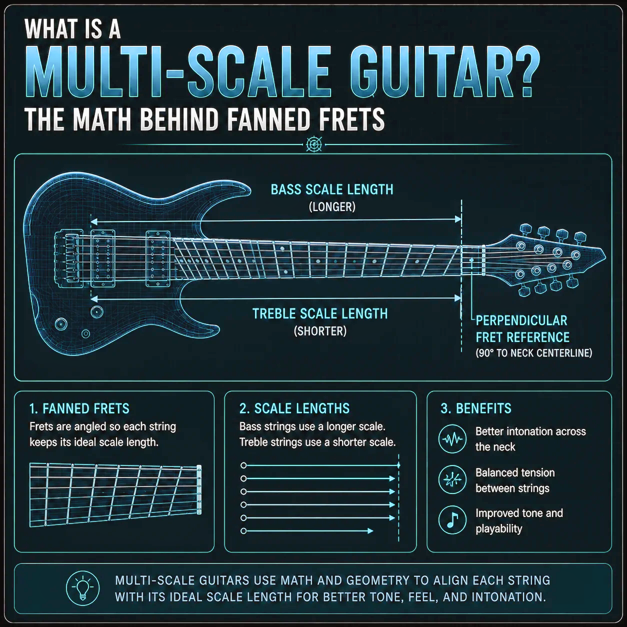 Multi-Scale Plotter showing the fan fret geometry with bass and treble scale lengths and perpendicular fret position visualized